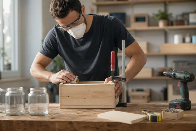 Bricoleur préparant une caisse en bois et des bocaux récupérés sur établi.
