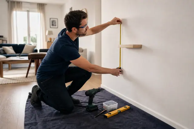 Débutant mesurant un mur avant de poser une étagère en bois.