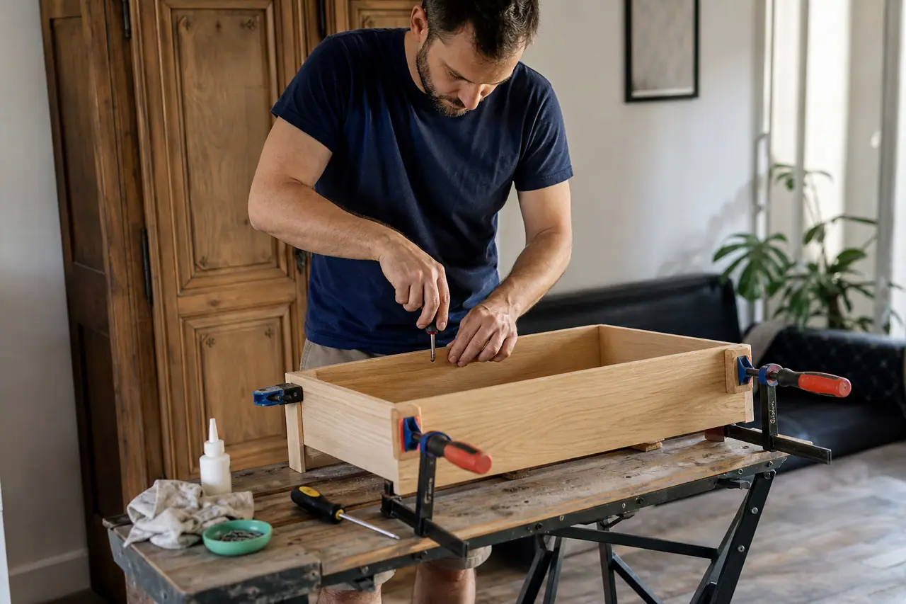 Réparation soignée d’un tiroir en bois sur un établi domestique.
