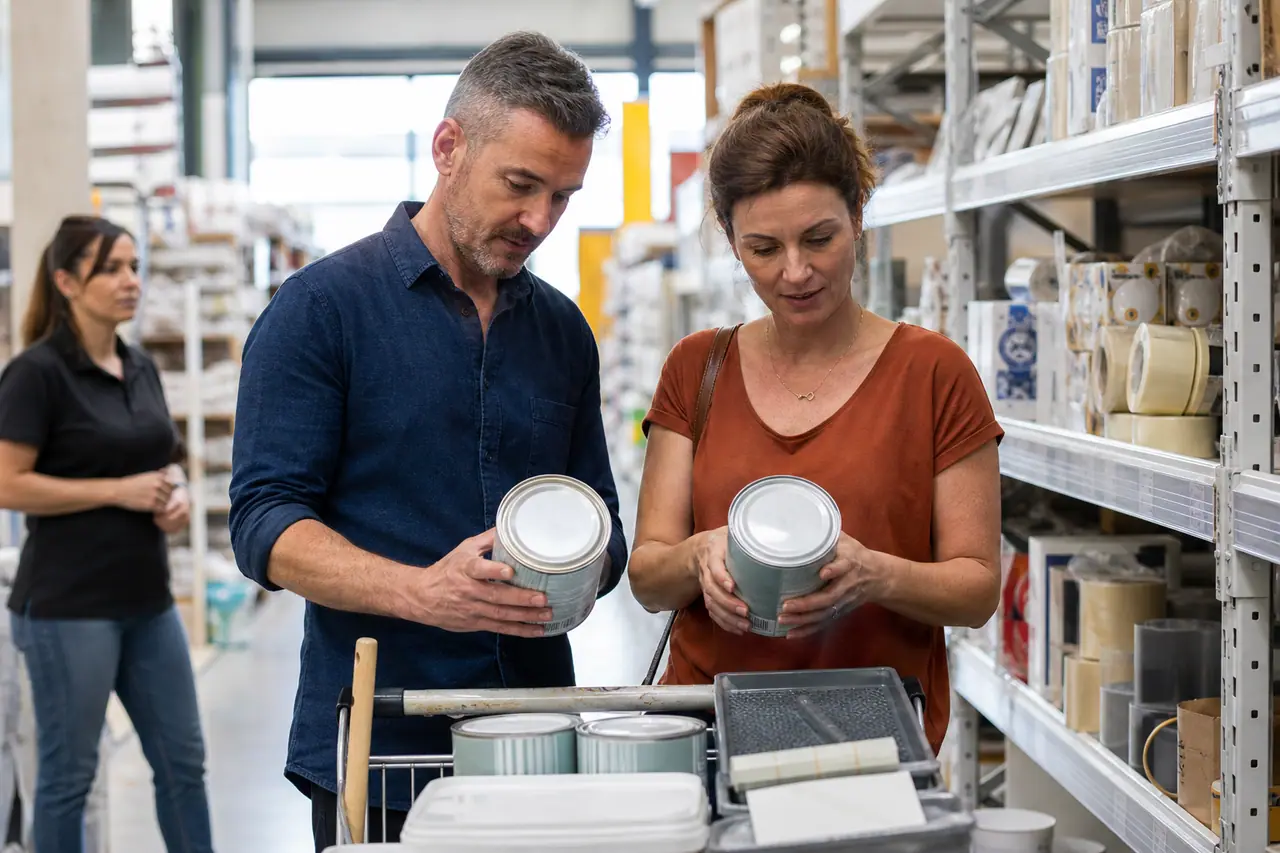 Clients comparant des produits dans une allée de magasin de bricolage.