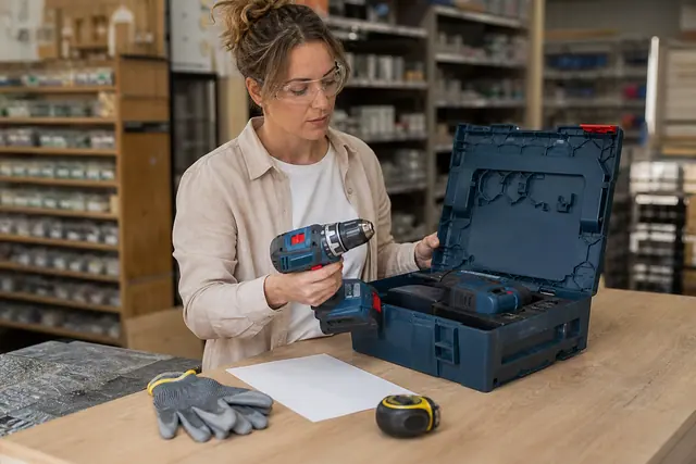 Bricoleuse comparant une perceuse et un service de location en magasin.