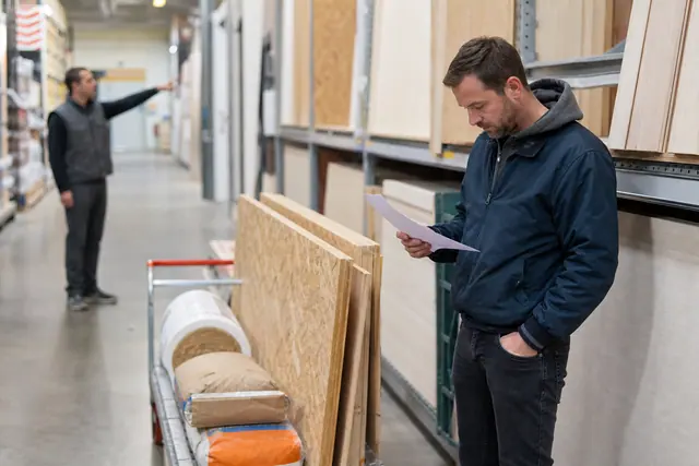 Client compare des matériaux de rénovation dans une grande allée de bricolage.