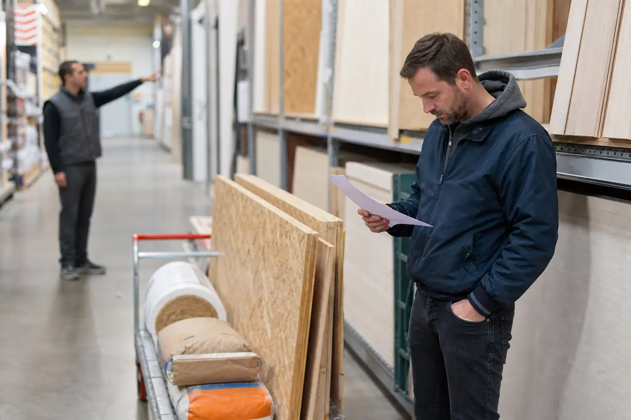 Client compare des matériaux de rénovation dans une grande allée de bricolage.