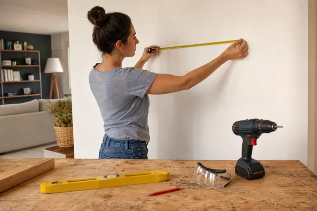Bricoleuse mesurant une étagère dans un atelier domestique lumineux