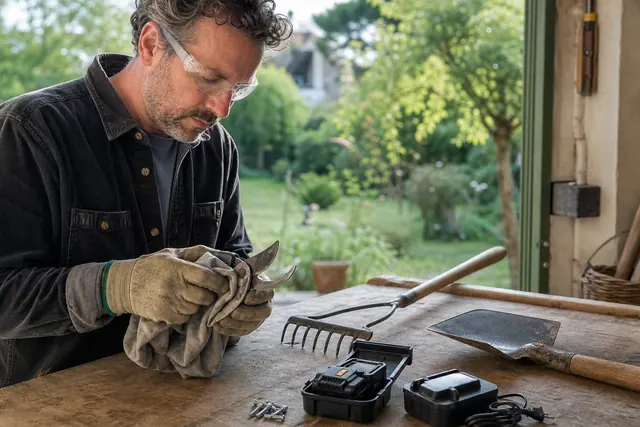 Jardinier nettoyant un sécateur près d’outils triés dans un atelier