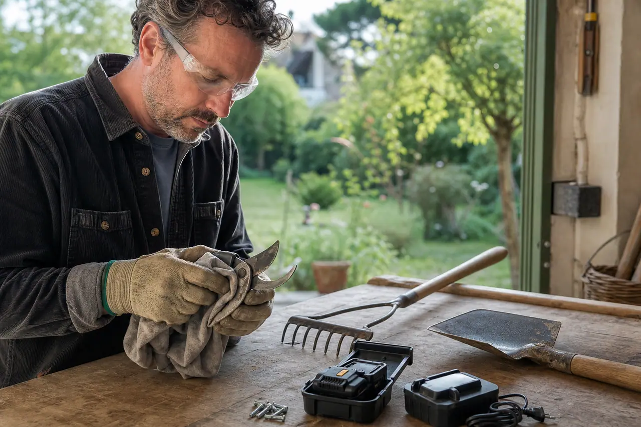 Jardinier nettoyant un sécateur près d’outils triés dans un atelier