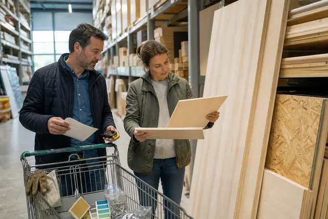 Couple comparant des panneaux et accessoires dans un magasin de bricolage.