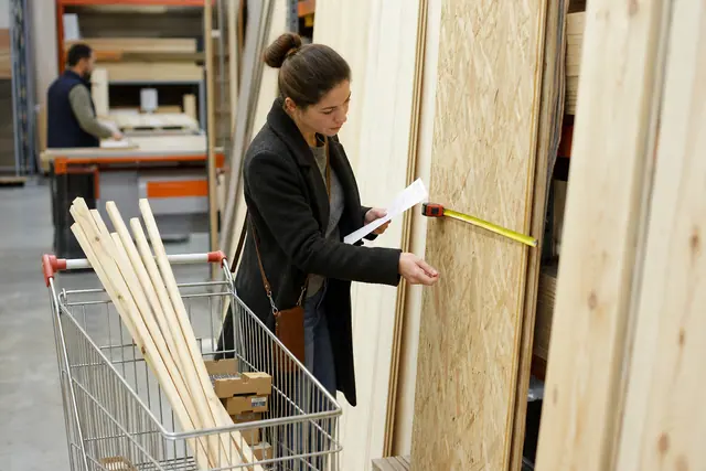 Cliente préparant ses mesures dans le rayon matériaux d’un magasin de bricolage.