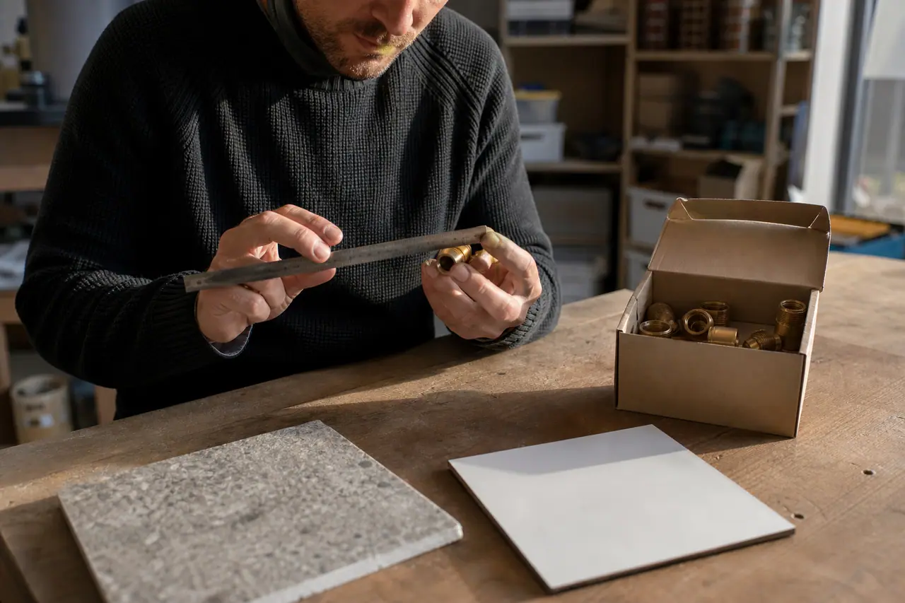 Particulier comparant une pièce de robinetterie avec une règle dans son atelier.