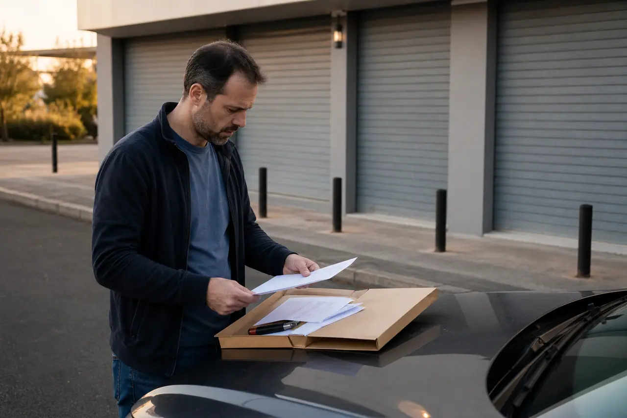 Client classant factures et bon de commande devant un magasin de bricolage fermé