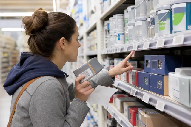 Cliente comparant une étiquette de rayon et un ticket en magasin