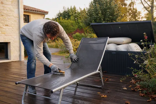 Mobilier de jardin nettoyé et rangé près d’une terrasse en bois.