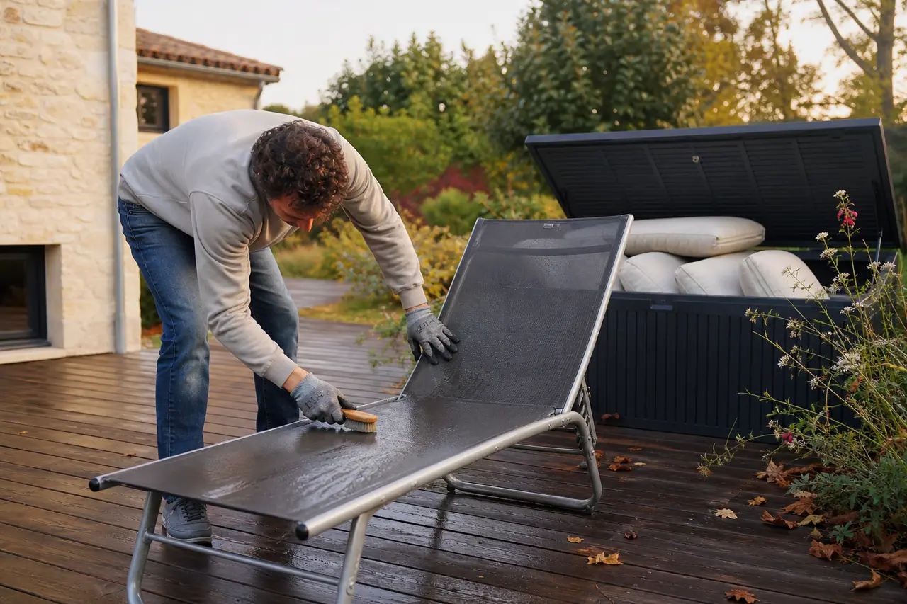 Mobilier de jardin nettoyé et rangé près d’une terrasse en bois.