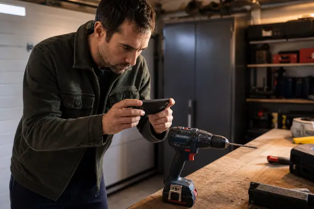 Propriétaire photographiant le numéro de série d’une perceuse dans son garage