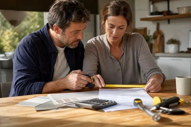 Couple comparant outils et budget de rénovation sur une table de cuisine.