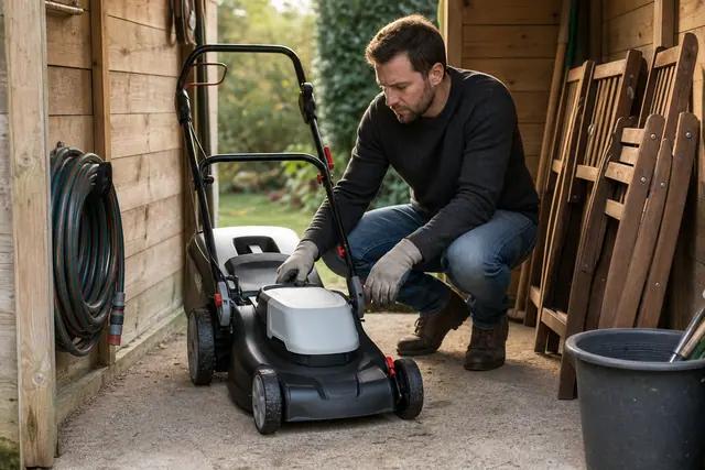 Jardinier contrôlant une tondeuse remisée devant un abri de jardin.