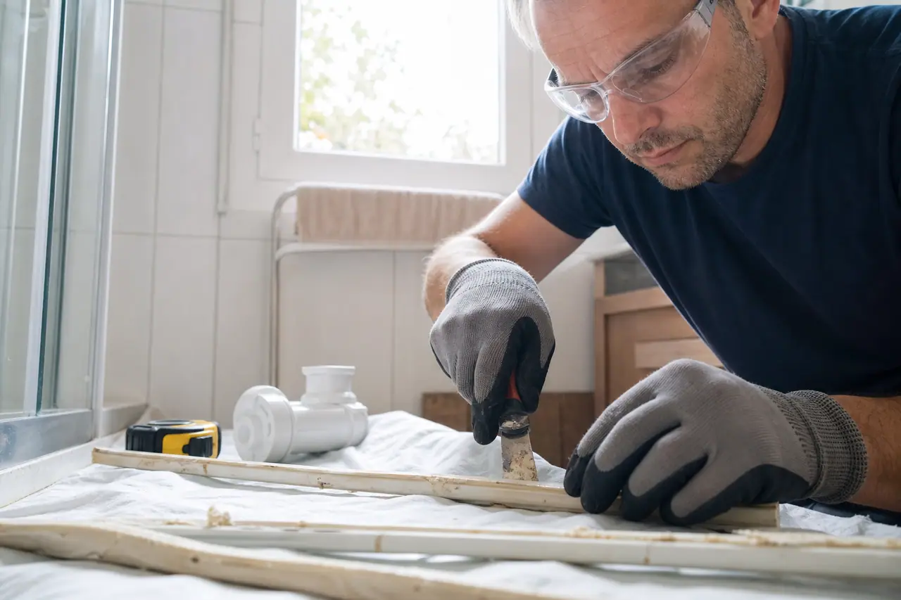 Particulier préparant un joint de douche dans une salle de bains en rénovation.