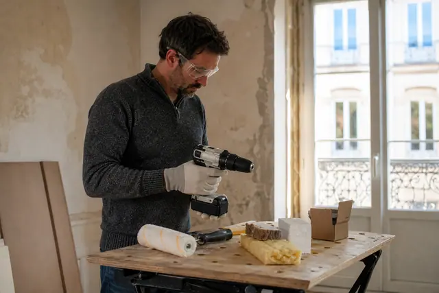 Particulier comparant une perceuse et des matériaux dans un appartement en rénovation
