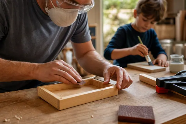Adulte ponçant un vide-poche en bois pendant qu’un enfant le décore.