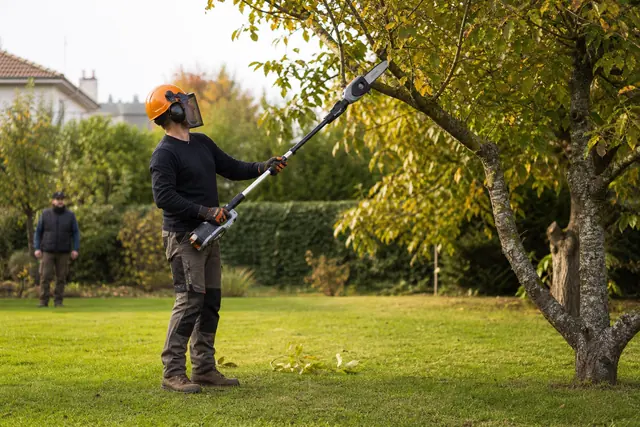 Jardinier casqué utilisant une élagueuse sur perche depuis un sol dégagé.