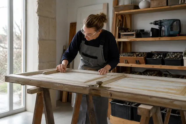 Particulier inspectant une porte de réemploi dans un atelier de bricolage.