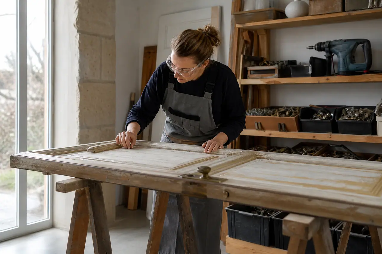 Particulier inspectant une porte de réemploi dans un atelier de bricolage.