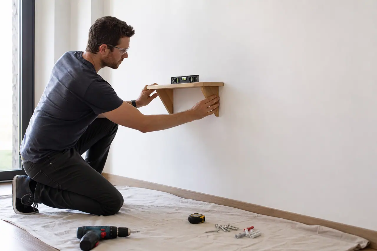 Débutant installant une petite étagère murale avec niveau et protections.