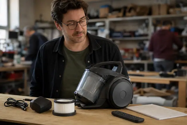 Objet débranché et accessoires rangés sur établi avant un atelier de réparation.