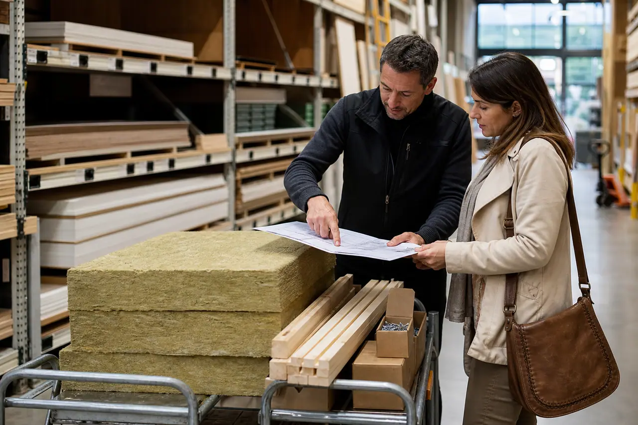 Cliente et conseiller comparent des matériaux dans un magasin de bricolage.