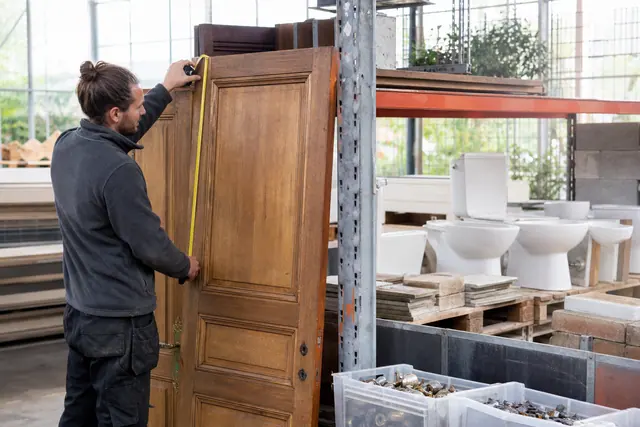 Personne mesurant une porte en bois dans une ressourcerie de matériaux.