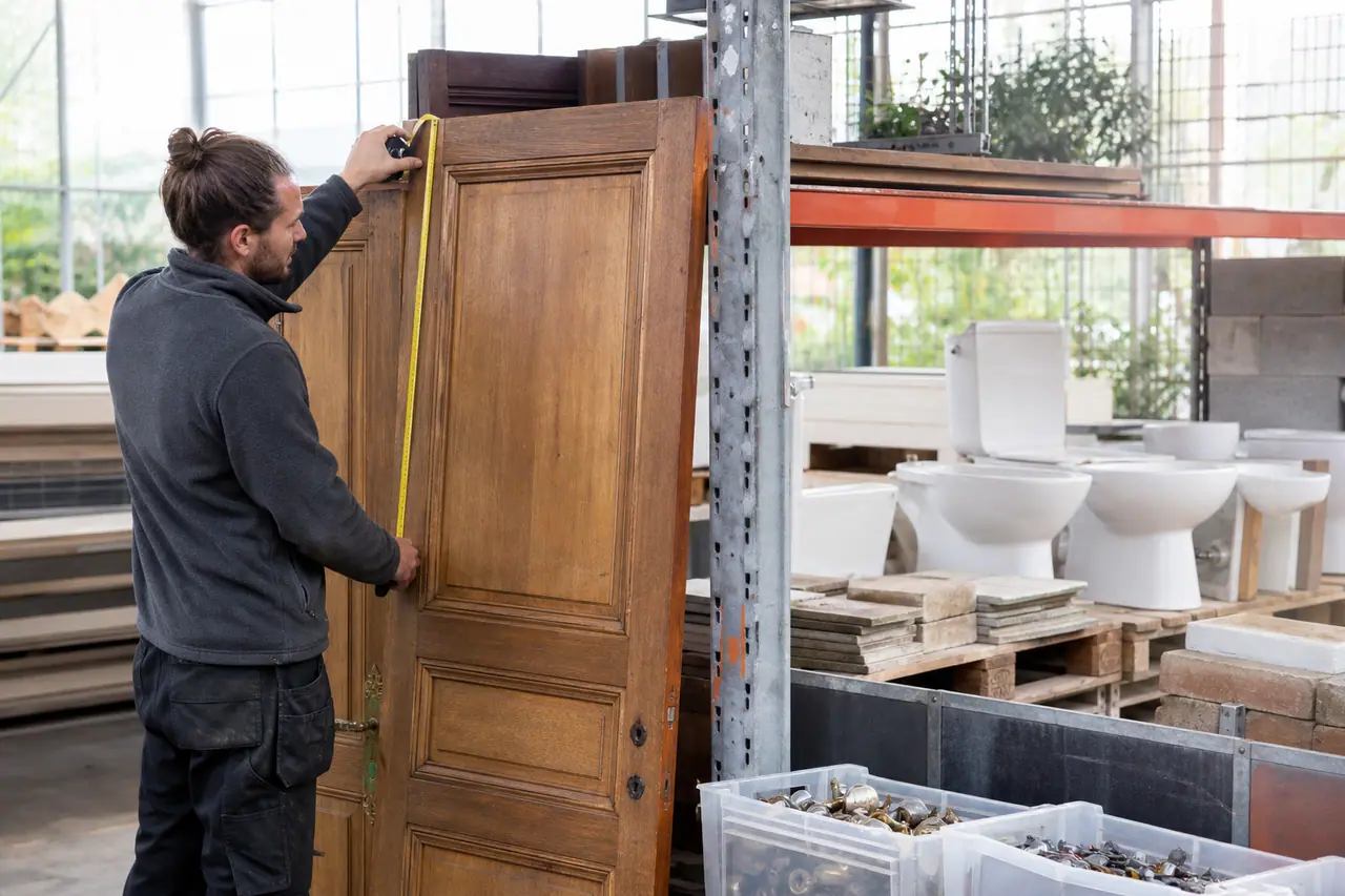 Personne mesurant une porte en bois dans une ressourcerie de matériaux.