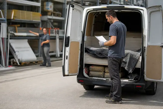 Particulier chargeant des plaques et sacs dans un utilitaire avec sangles