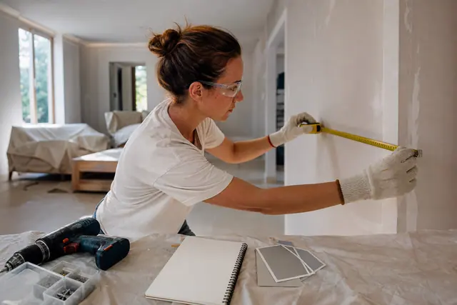 Particulier mesurant un mur avant de prioriser des travaux de rénovation.