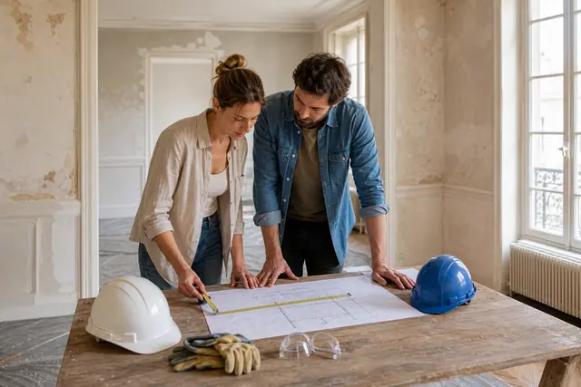 Couple préparant son budget travaux dans une maison ancienne avant rénovation.