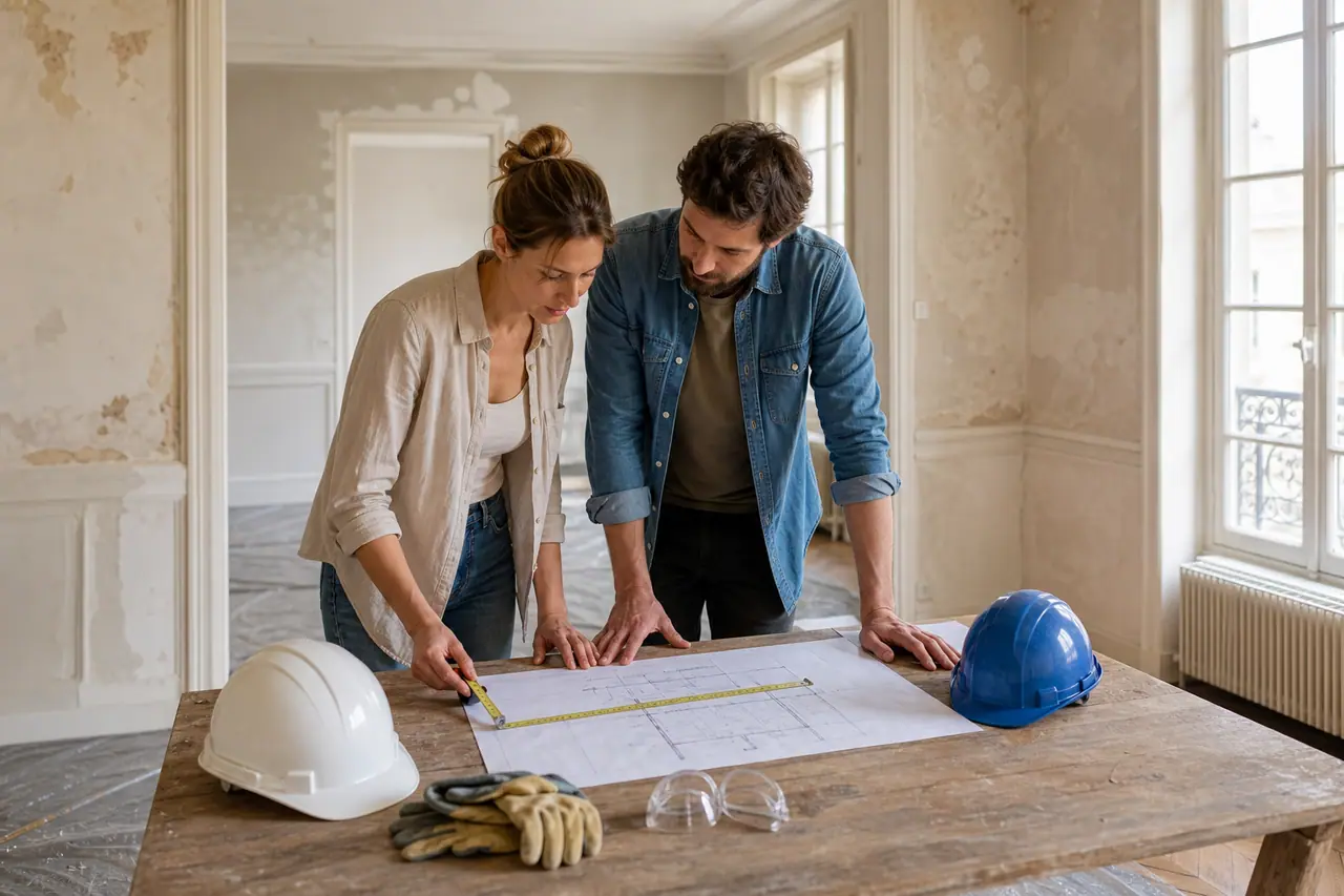 Couple préparant son budget travaux dans une maison ancienne avant rénovation.