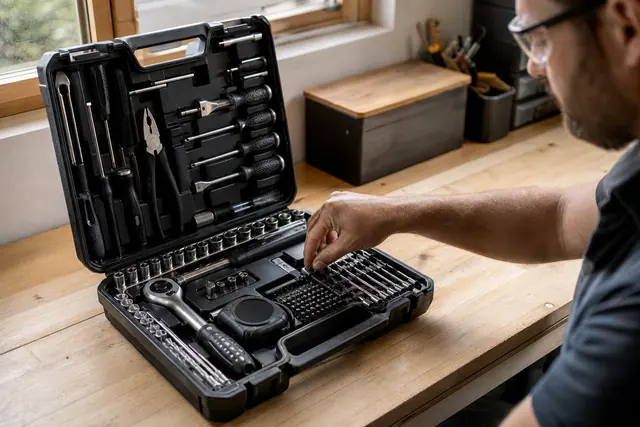 Mallette ouverte montrant des outils manuels rangés pour les réparations domestiques