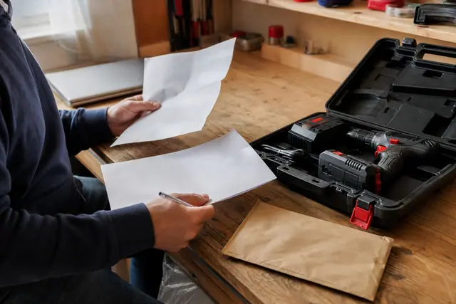 Dossier de commande et perceuse sur un établi pour demander un remboursement.