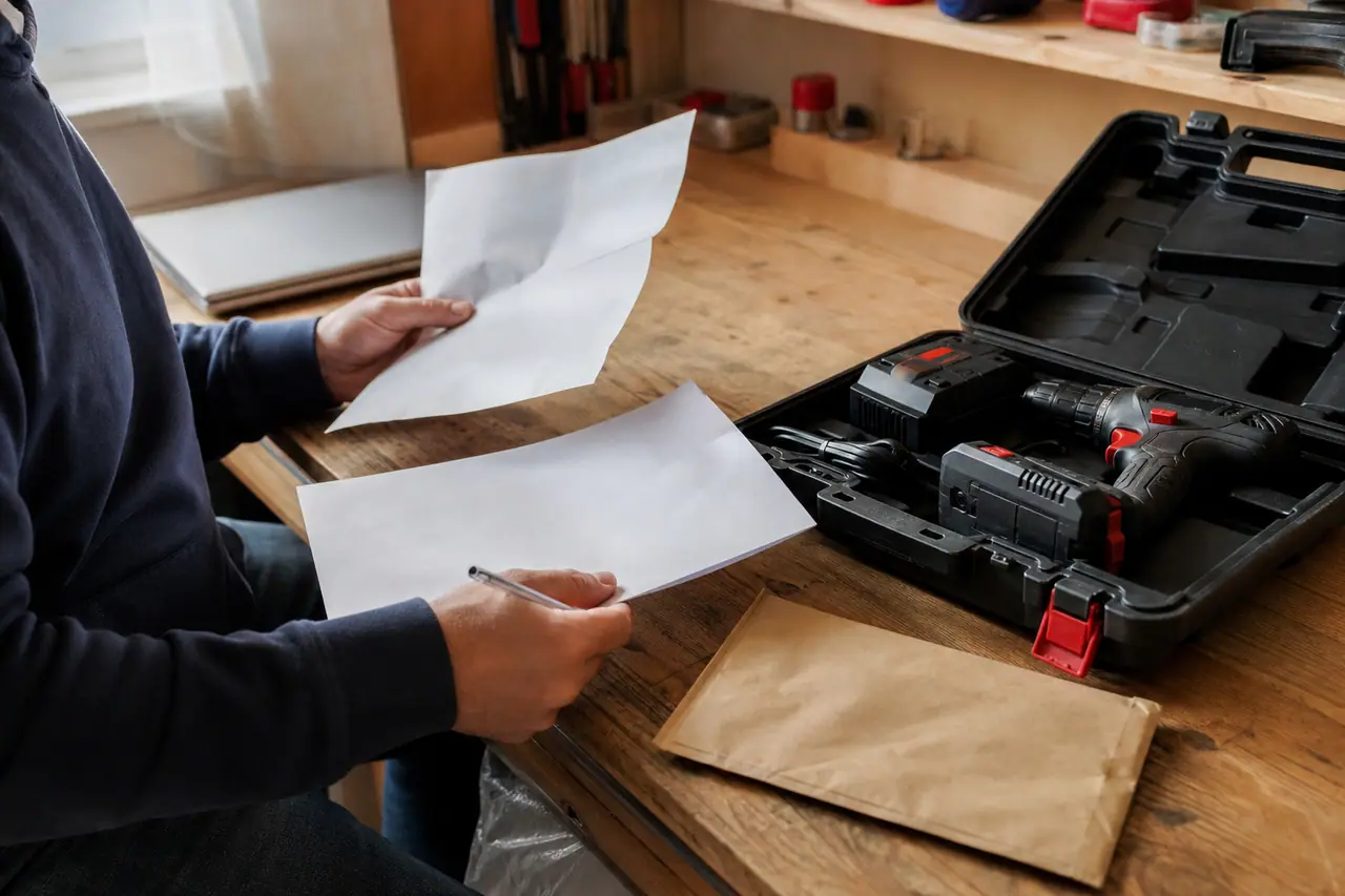 Dossier de commande et perceuse sur un établi pour demander un remboursement.