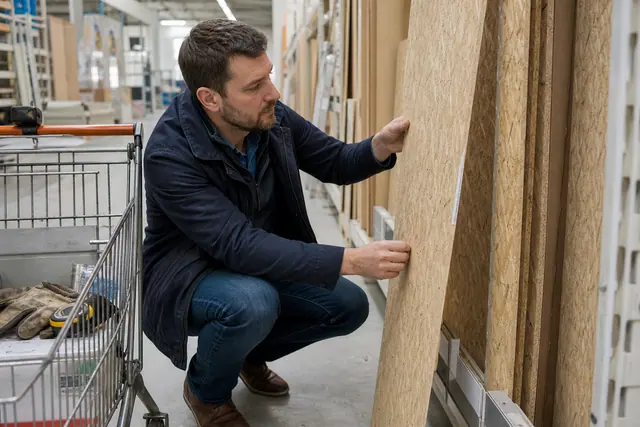 Client comparant un panneau de bois dans un rayon de bricolage lumineux.