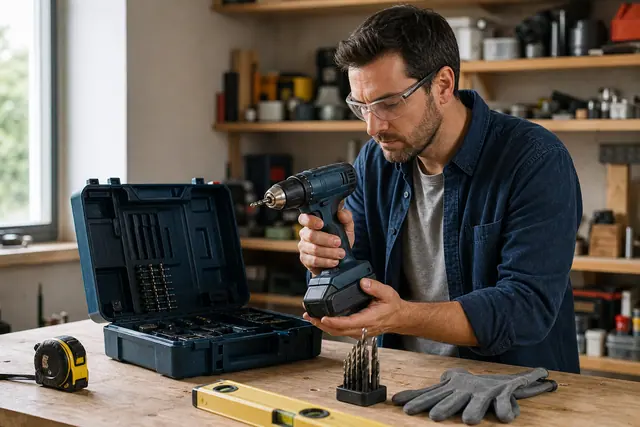 Bricoleur vérifiant une perceuse sans fil et ses accessoires sur un établi.