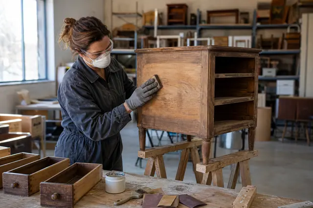 Bénévole restaurant une petite commode en bois dans un atelier de recyclerie