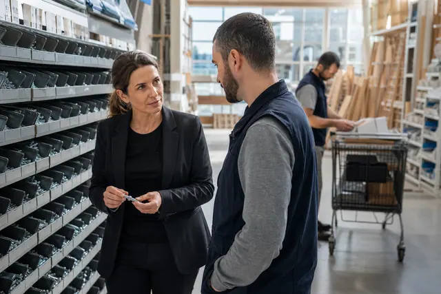 Responsable de magasin conseillant un artisan devant un rayon de quincaillerie.