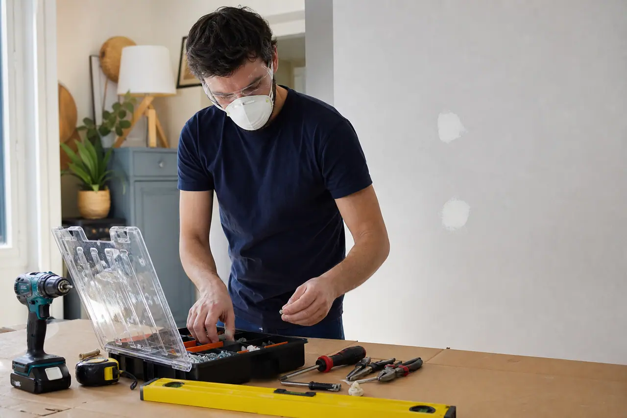 Débutant préparant ses outils de bricolage sur une table protégée