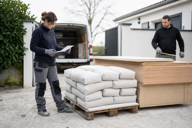 Réception contrôlée de matériaux de rénovation devant une maison avec palette et panneaux.