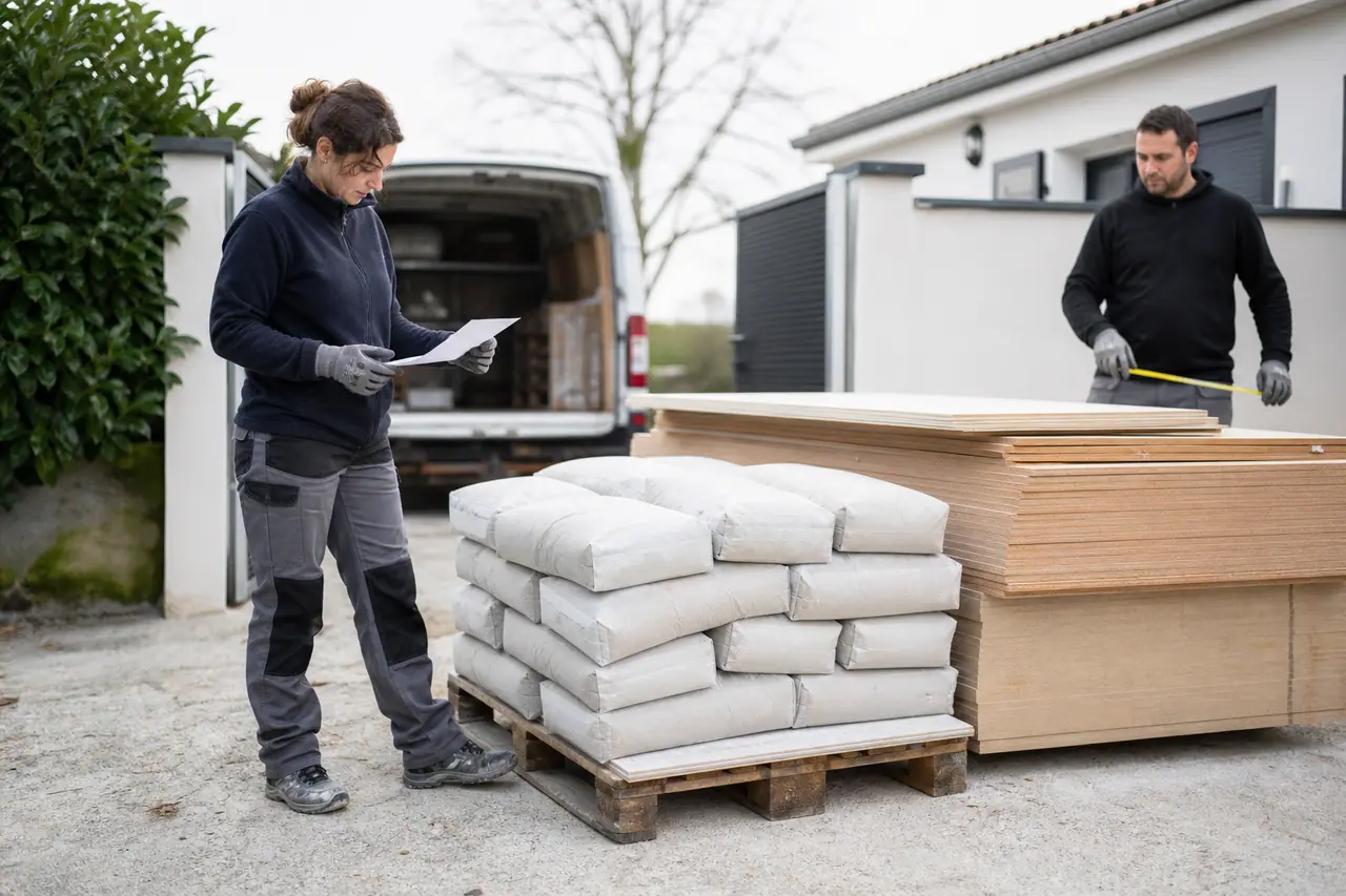 Réception contrôlée de matériaux de rénovation devant une maison avec palette et panneaux.