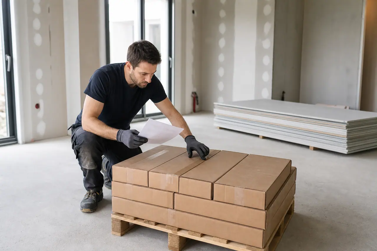 Particulier vérifiant cartons et palette de matériaux dans une maison en rénovation.
