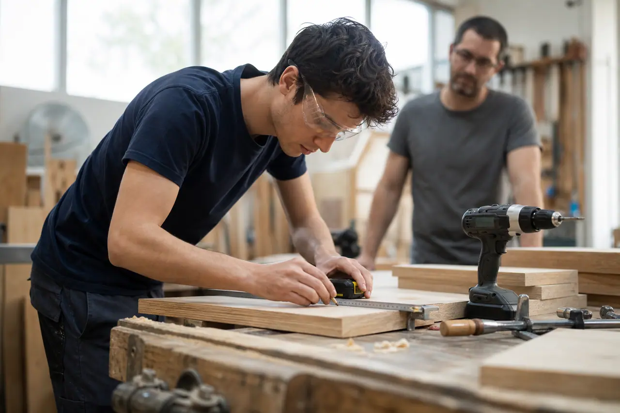 Débutant mesurant une tablette en bois dans un atelier partagé équipé.