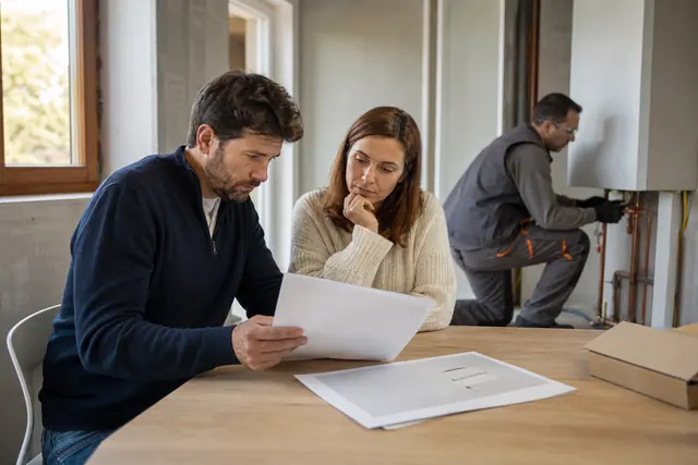 Couple vérifiant un devis de rénovation avec artisan qualifié en arrière-plan.