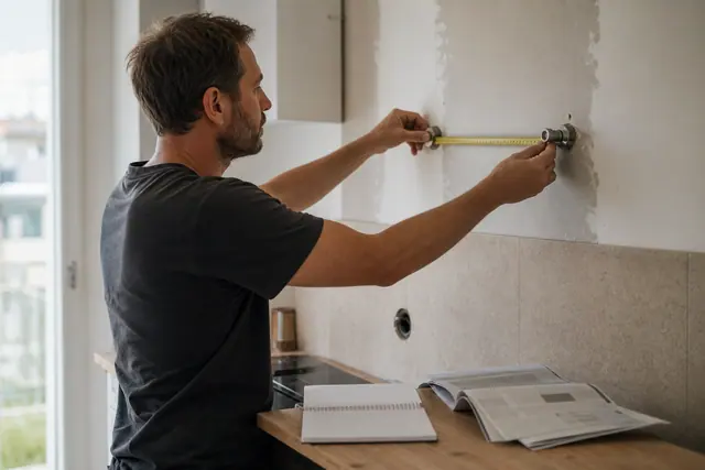 Particulier mesurant un raccord de cuisine avant de demander un conseil technique.