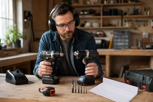 Bricoleur comparant deux perceuses sans fil sur un établi équipé.
